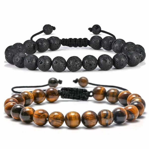 8mm tiger eye and black lava stone adjustable bracelet for men, a healing energy yoga bangle perfect as a friendship gift