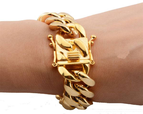 8mm/10mm/12mm/14mm/16mm/18mm Men's 18K Gold Plated Stainless Steel High Polish Miami Cuban Link Punk Curb Bracelets