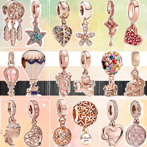 925 bracelet charms for charm set in original box, featuring 45 rose gold pendants with flower, angel, tree, balloon, heart, pave, and family designs, plus European bead necklace charms