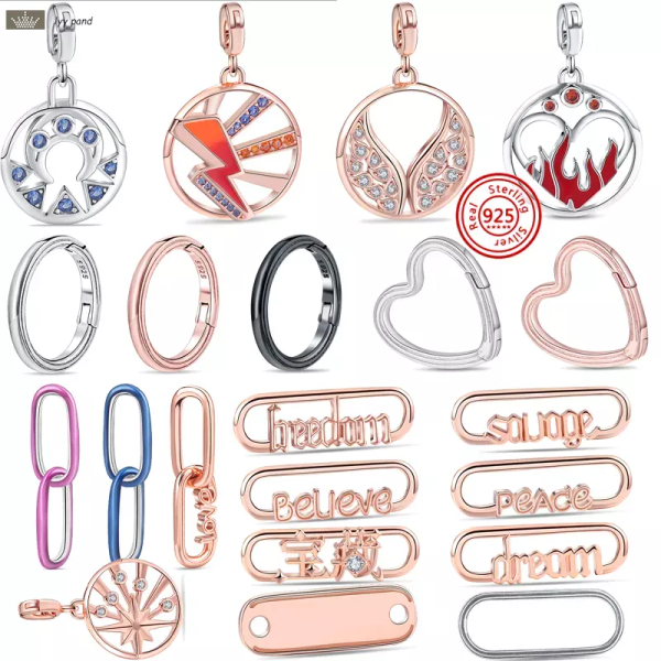 925 silver charm bracelet with pendant links, heart connectors, and mini beads for jewelry accessories