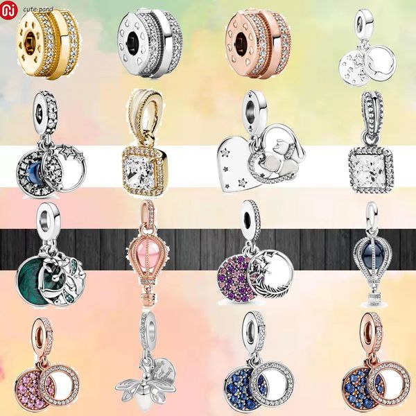 925 silver charm bracelet with pink hot air balloon design, shiny zircon accents and classic positioning buckle