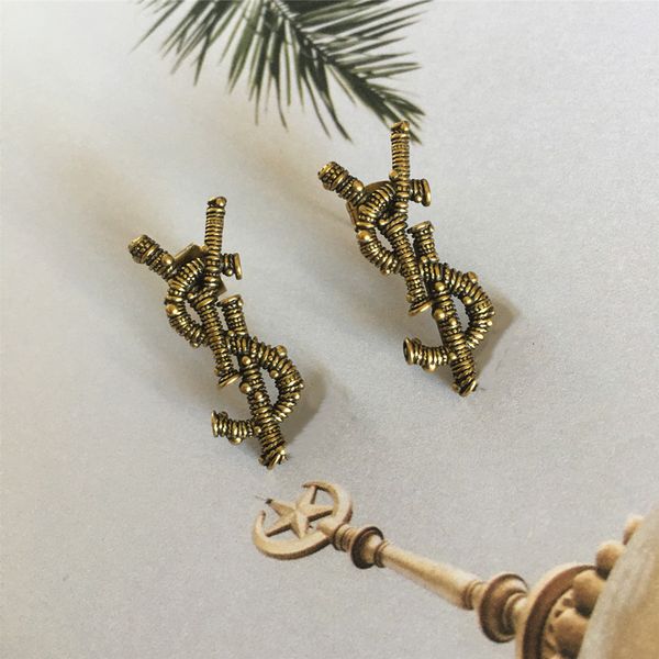 925 Silver Cuff Stud Earrings with Bronze Tree Design and Elegant Brass Y Letter Detail for Women