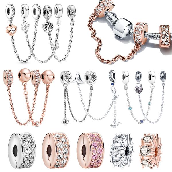 925 silver Fit Original charms DIY Pendant women Bracelets beads Clear Safety Chain Clip Charm Rose Gold Women Festival