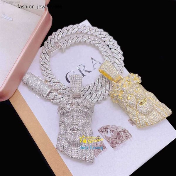 925 Silver Hip Hop Jesus Pendant Necklace with Baguette Moissanite Studs