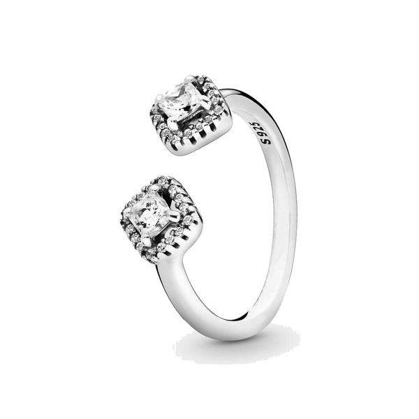 925 Silver Ring with Sparkling Square Design and Open Heart Charm, Perfect for Engagement or Gift