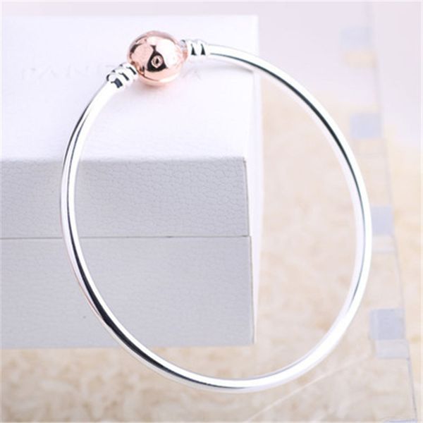 925 Sterling Silver Bangle Set with Pandora Rose Gold Clasp for Women's Charm Bracelet, Includes Original Gift Box
