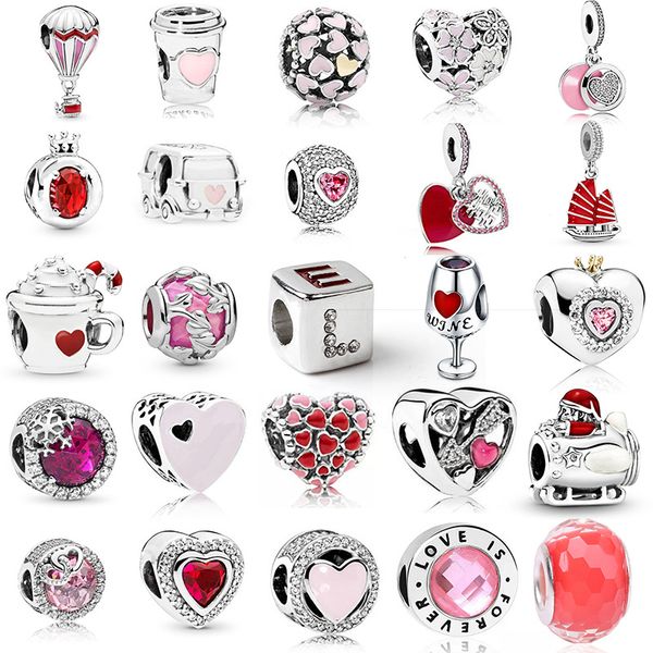 925 Sterling Silver Charms featuring red love wine glass crown beads, perfect for bracelet pendants and DIY jewelry making gifts
