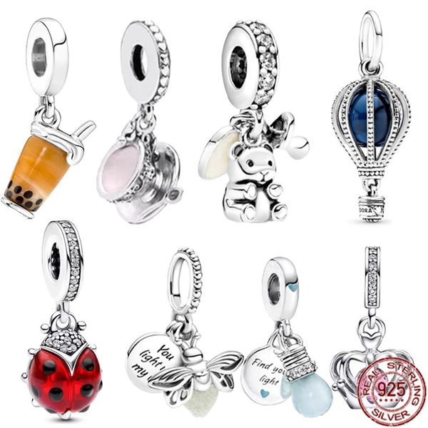 925 Sterling Silver Dangle Charm featuring Fireflies, Balloon, and Bubble Tea Teddy Beads, ideal for crafting Primitive Bracelets and DIY Jewelry, with complimentary shipping included