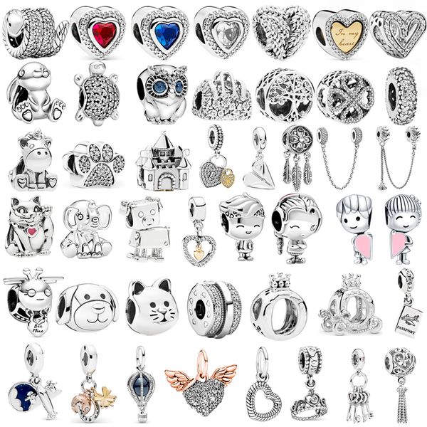 925 Sterling Silver Dangle Charm featuring Lucky Cat, Safety Chain, Dog Paw, Crown, Owl, and Love Pendant Beads for DIY Bracelet Jewelry Accessories