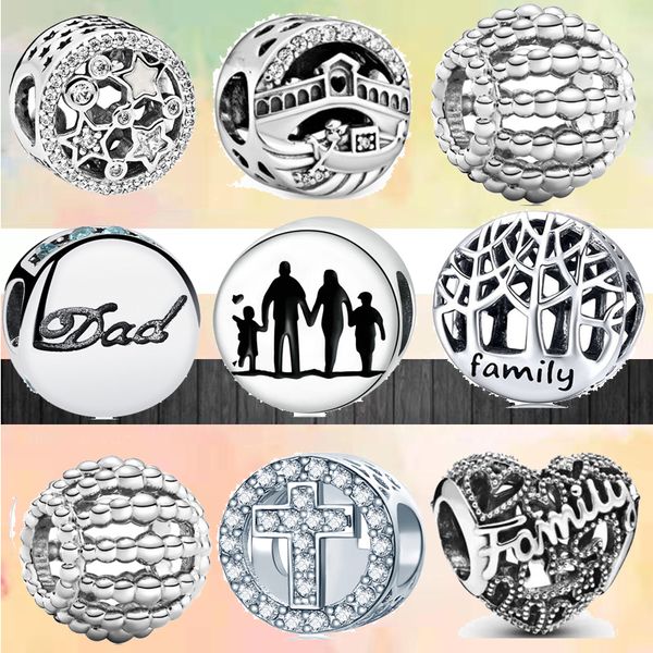 925 Sterling Silver Dangle Charm for Women's High-Quality Beaded Jewelry, Perfect Gift Wholesale - New Family & Dad Love Shiny Cross Classic Bead Fits Bracelet