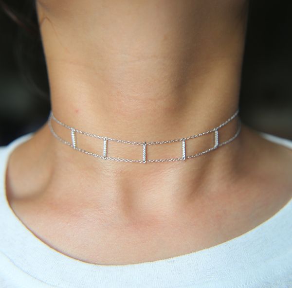 925 sterling silver double chain choker with micro pave CZ bar, a delicate fashion accessory for women, perfect as a ladies' gift