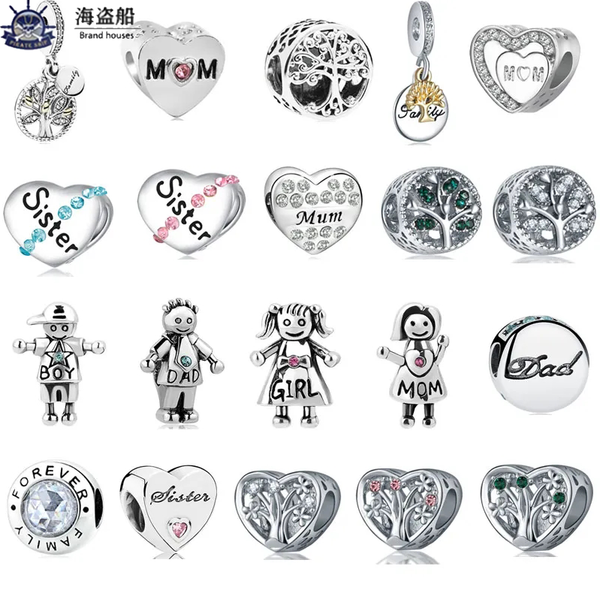 925 sterling silver jewelry charms for beading, dangle charms with 1pc MOQ, featuring mom family tree, dad, sister, boy, and girl designs