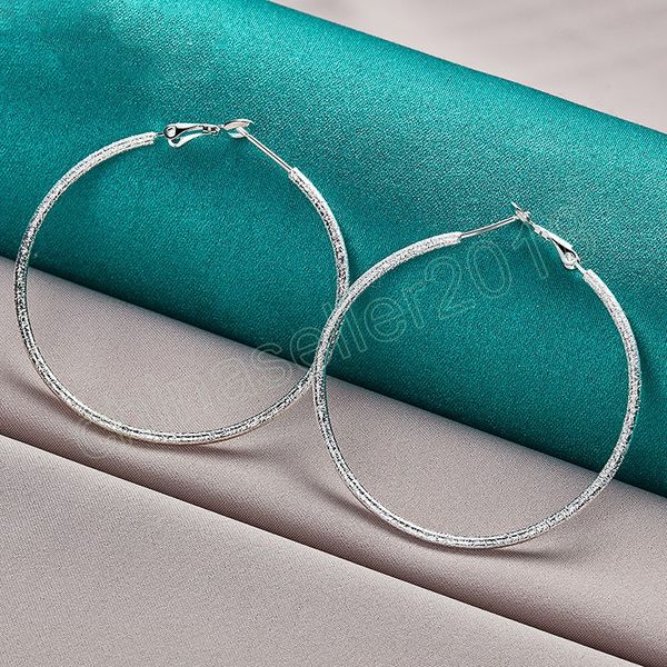 925 Sterling Silver Matte Round 50mm Hoop Earrings for Women's Wedding and Party Jewelry