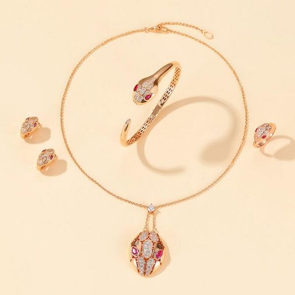 925 Sterling Silver Snake Serpent Jewelry Set with Rose Gold Plating and Red Eye Diamond Accents