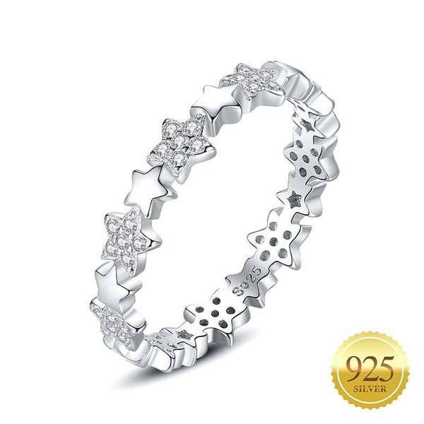 925 Sterling Silver Star Ring with CZ Stones, Delicate Stackable Wedding and Promise Bands for Women and Girls