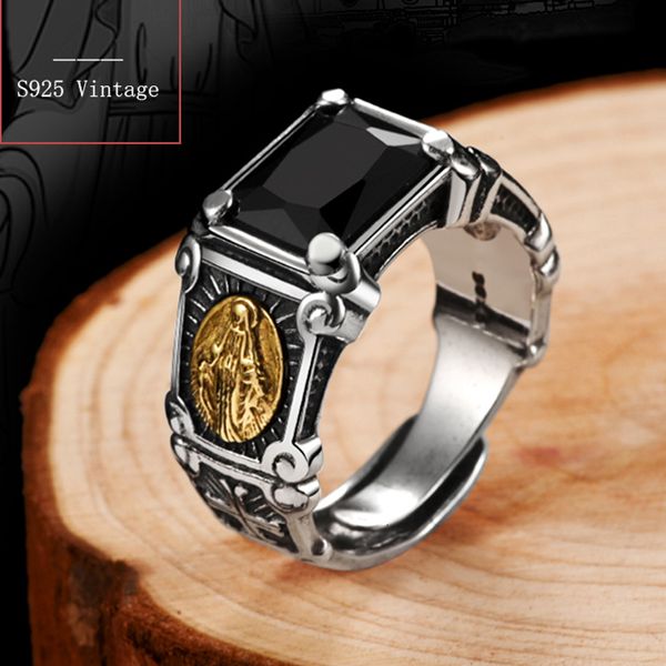 925 Sterling Silver Vintage Black Stone Virgin Mary Ring for Men and Women, Open Cuff Band with Cubic Zirconia Onyx Jewelry, Birthday Gift