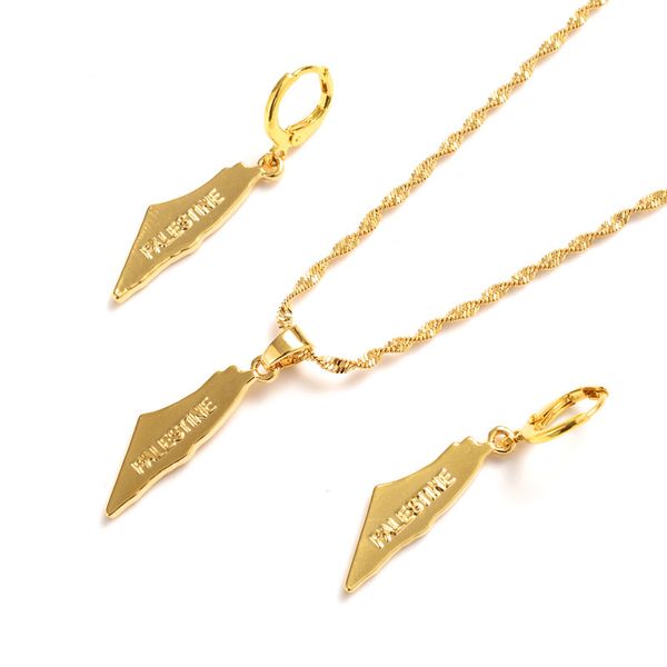 9K fine yellow Thai baht gold pendant earrings featuring a Palestine map necklace with patriotic charms for women's jewelry