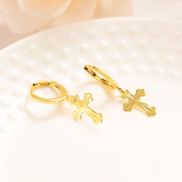 9k Yellow Gold Huggie Earrings: Chunky Solid Cross Drop Design for Boho, Goth, and Punk Styles