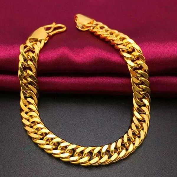 9mm wide heavy double curb link bracelet in 18k yellow gold fill, unisex design, 8.6 inches long