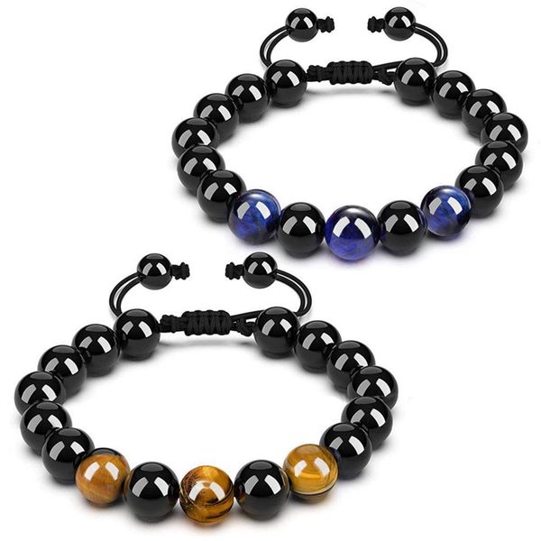 Adjustable braided rope bracelets with black lava and tiger eye beads, perfect for men and women