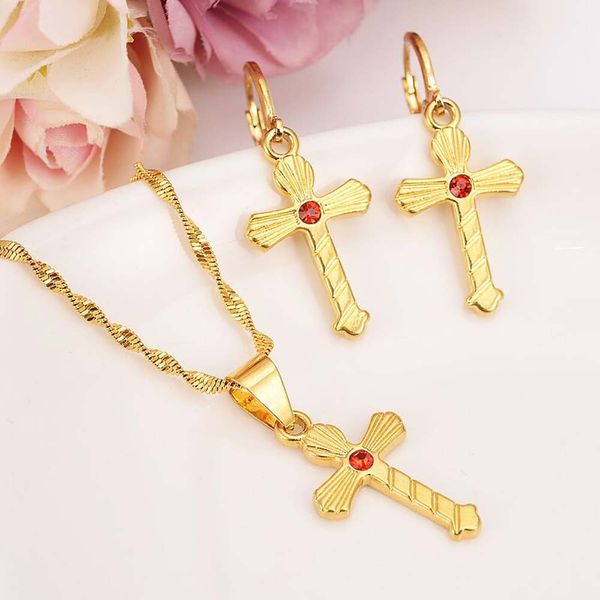 African pendant necklace jewelry sets in 18k gold with fine crystal cross and red zircon chain, perfect for kids' parties and Dubai Arab gifts