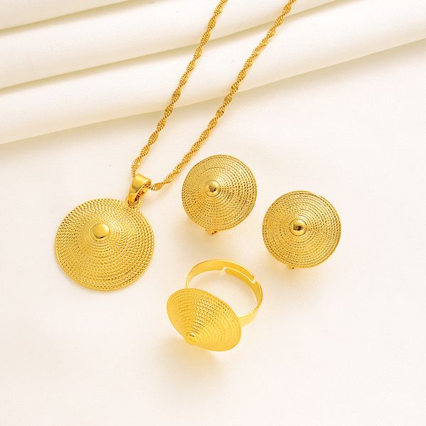 African Wedding Jewelry Set with Necklace, Earrings, Ring, and Pendant in Ethiopian Style Fine Yellow Gold for Eritrean and Sudanese Brides