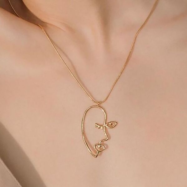 Alloy Abstract Distorted Human Face Pendant Contour New Temperament Hollow Out Figure Art Stylish Necklace For Women