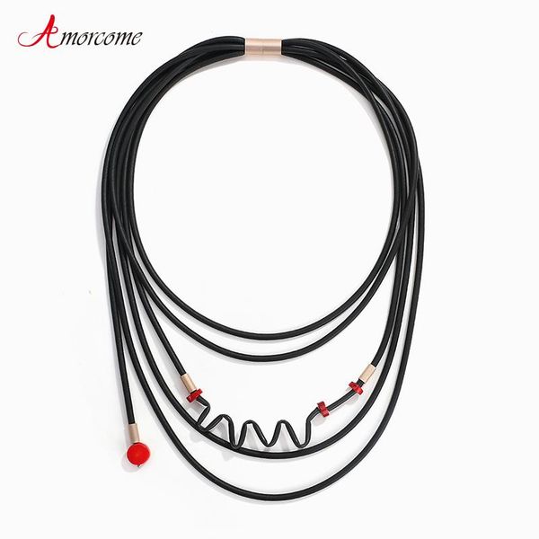 Amorcome unique black rubber multi-strand leather choker necklace, a distinctive women's jewelry statement piece