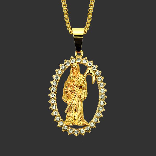 Amulet neck pendant featuring a hip-hop inspired hollow-out design with diamond inlay and portrait detailing for men