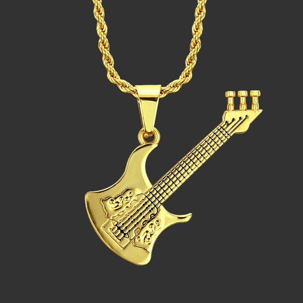 Amulet neck pendant featuring a stylish guitar design in gold, perfect for trendy hip-hop and rap fashion