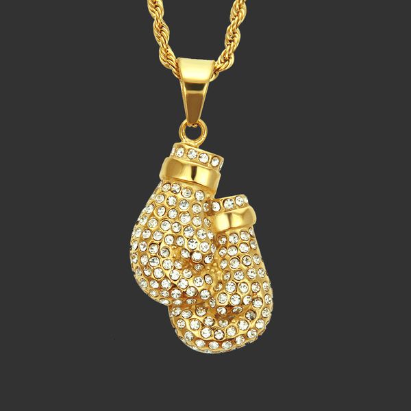 Amulet neck pendants featuring full diamond boxing gloves design, a stylish hip-hop fashion jewelry piece