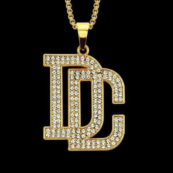 Amulet neck pendants featuring full diamond DC letter designs for hip hop style