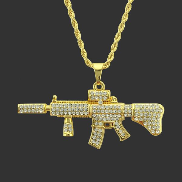 Amulet neck pendants featuring hip hop style diamond-encrusted submachine gun designs, including AK47 men's jewelry