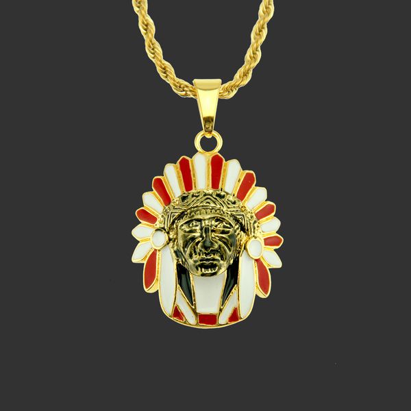 Amulet neck pendants for men featuring trendy hip hop jewelry with personalized oil painting of an Indian chieftain design