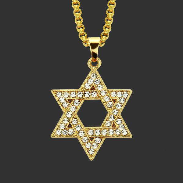 Amulet neck Pendants Hip Hop Men's Hollow Diamond Studded David Star Pendant Necklace Solomon Seal Hexagram