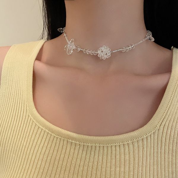 Amulet Pendants 925 Silver Needle Asymmetric Crystal Flower Earring Necklace Bracelet Set Korea Super Fairy Transparent Clavicle Chain