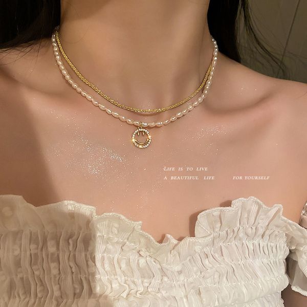 Amulet Pendants Korean Simple Niche Necklace Sparkling Fresh Water Pearl Zircon Smile Two Piece Women's Jewelry Set