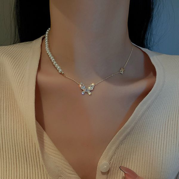 Amulet Pendants Real Gold Electroplating Korean Fashion Simple Necklace Pearl Micro Inlaid Zircon Butterfly Net Red Temperament Design