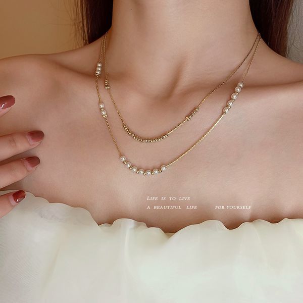 Amulet Pendants Real Gold Plated Pearl Double Layer Necklace Female Korean Temperament Fairy Collarbone Chain Ins Style Light Luxury Design