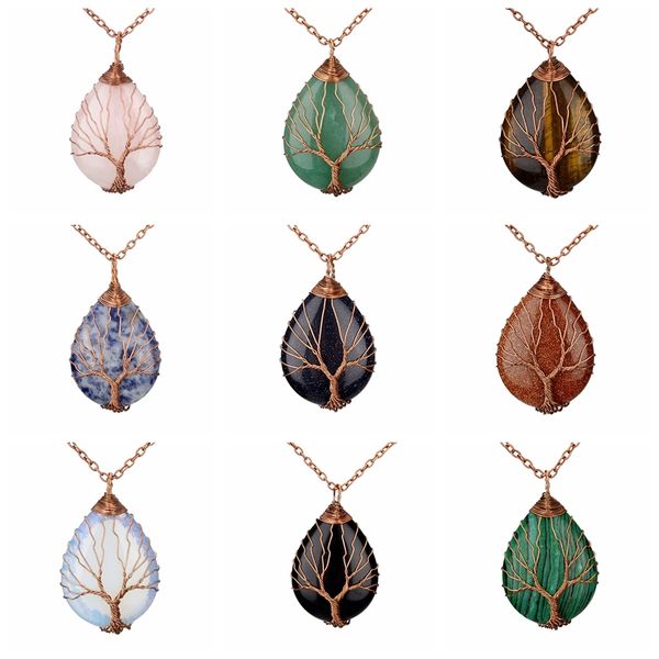 Antique brass wire-wrapped Tree of Life pendant with natural agate crystals, a healing stone necklace