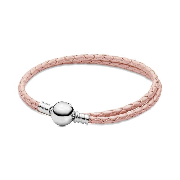 Authentic 925 silver bead charm bracelet with black & pink leather bands, adjustable 16-21cm, featuring a secure safety chain