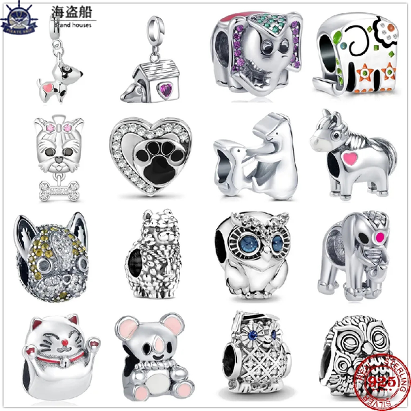 Authentic 925 silver charm beads featuring animal designs like dogs, owls, and elephants for bracelets