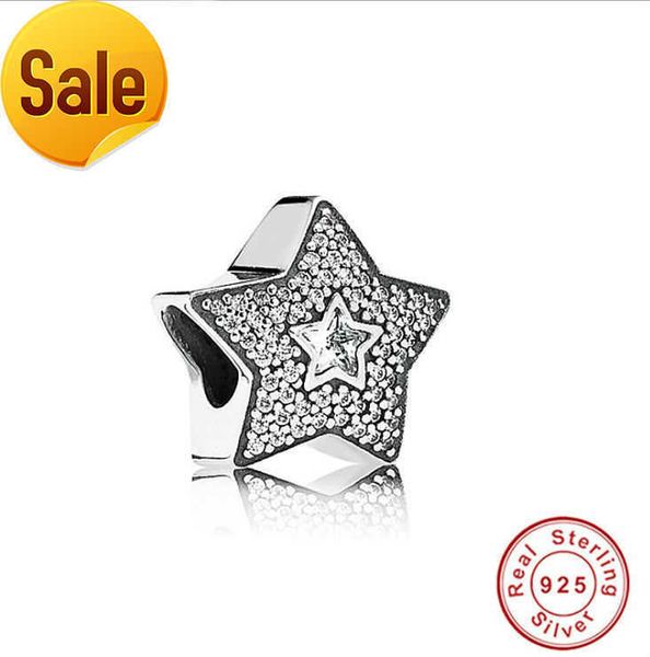 Authentic 925 sterling silver charm beads designed for original Pandora bracelets, featuring star motifs with white CZ stones for DIY jewelry