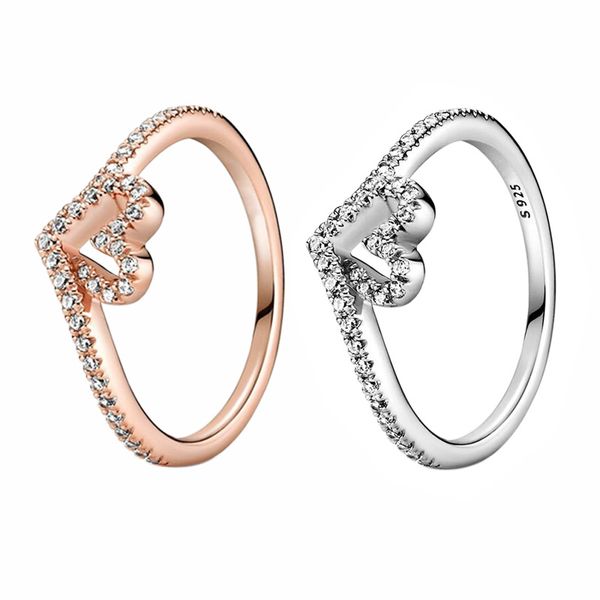 Authentic 925 Sterling Silver Heart Wishbone Ring with Diamond Crystal, Elegant Jewelry Set for Women, Perfect Wedding Gift and Stackable Rings with Re