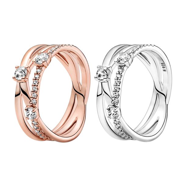 Authentic 925 sterling silver triple-band ring set for women, featuring rose gold luxurious wedding jewelry with retail box packaging, available for wholesale
