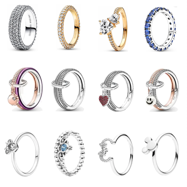 Authentic fit rings with stackable heart, daisy flower, and sparkling king charms