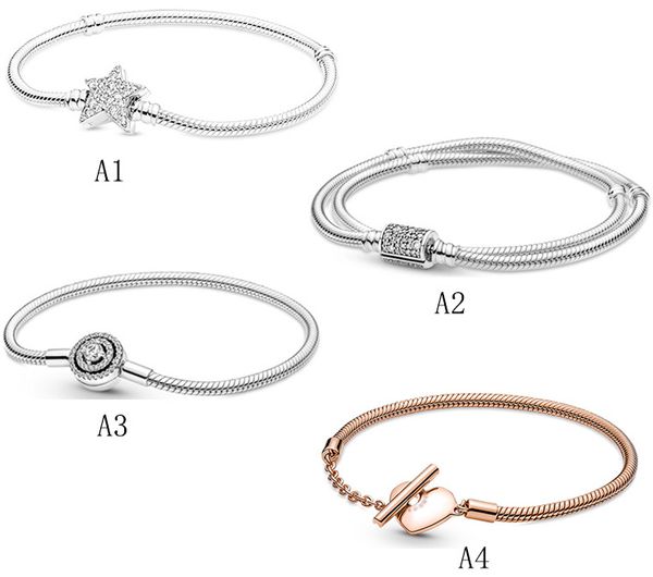 Authentic S925 sterling silver star-shaped double circle snake bone chain bracelet with rose gold heart bead and blue crystal charm