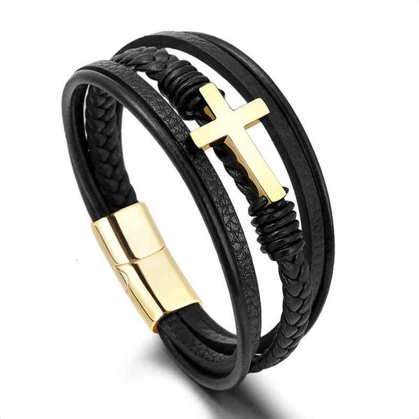 Bangle Charm Bracelets Woven Handmade Leather Magnetic Buckle Stainless Steel Cross Bracelet Men's Titanium Jewelry Products on the Mar