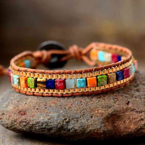 Bangle Designer's Creative Women's Wrap Bracelet featuring 7 Chakra Stones, Gold Chain, and Woven Leather for a Bohemian Statement Look - Ideal Jewelry for Teen Girls and Dropship