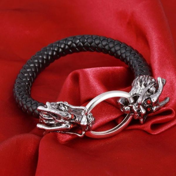 Bangle Fashion's bold leather-woven Chinese dragon bracelet for men, perfect for rock parties and locomotive-themed jewelry
